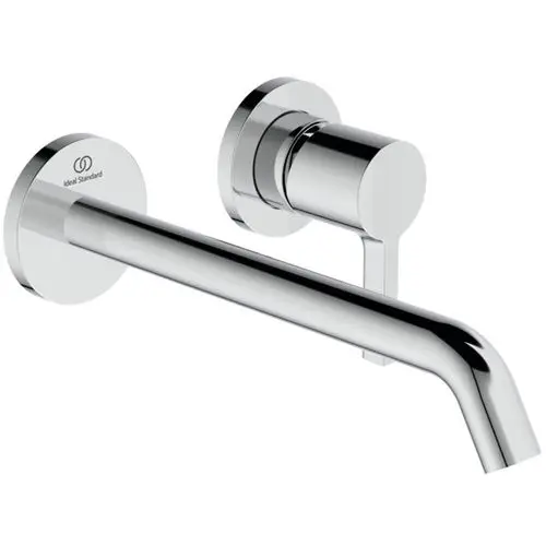 Küchenarmatur in Chrom-Finish von Ideal Standard, mit einer runden Rosette und einem langen, geraden Auslauf für Wandmontage.